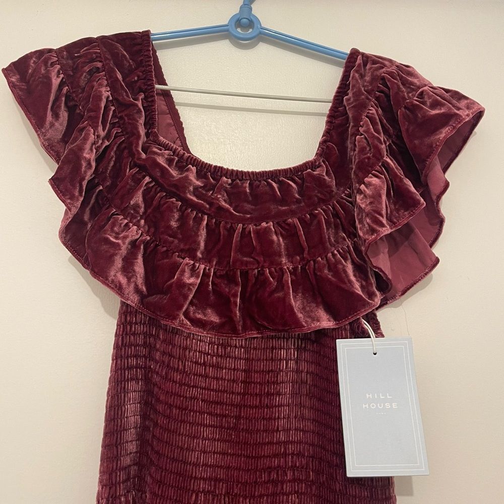 NWT Hill House Women's The Akilah Nap Midi Ruffle Dress Burgundy Velvet - Picture 5 of 14